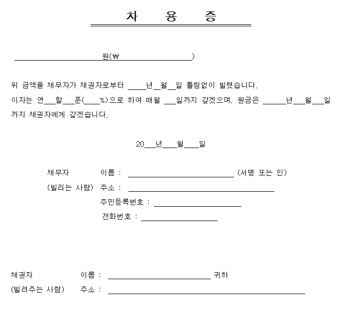 차용증 양식 다운로드 HWP 활용