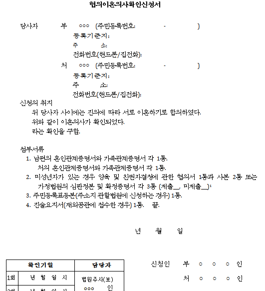 협의이혼 서류 양식