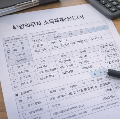 부양의무자 소득재산신고서 작성 예시